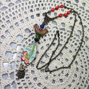 Handcrafted Multicolor floral vintage tin & bird pendant & glass beaded Necklace